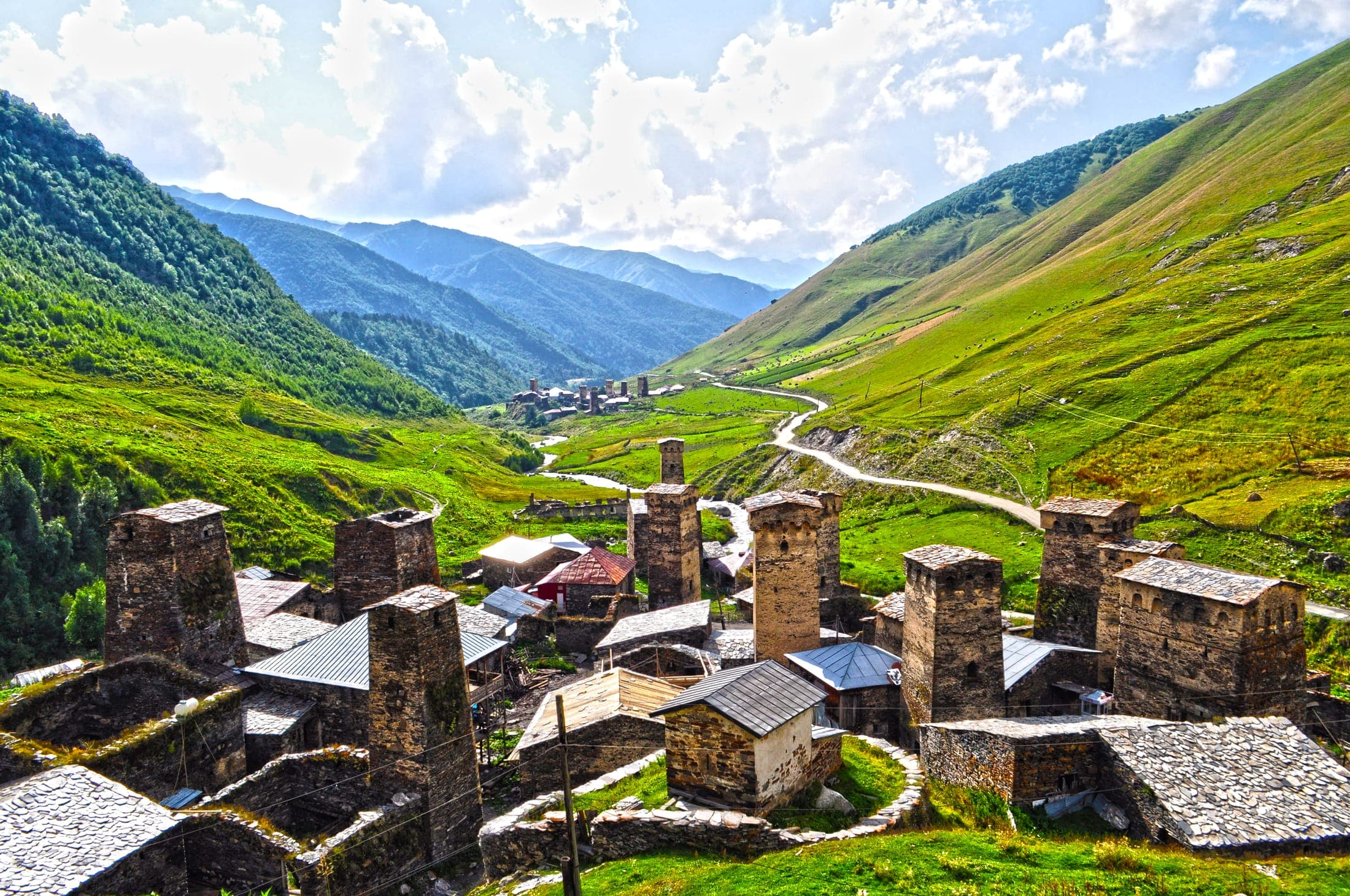 Medieval Svan defensive stone towers in Ushguli, Svaneti, Georgia