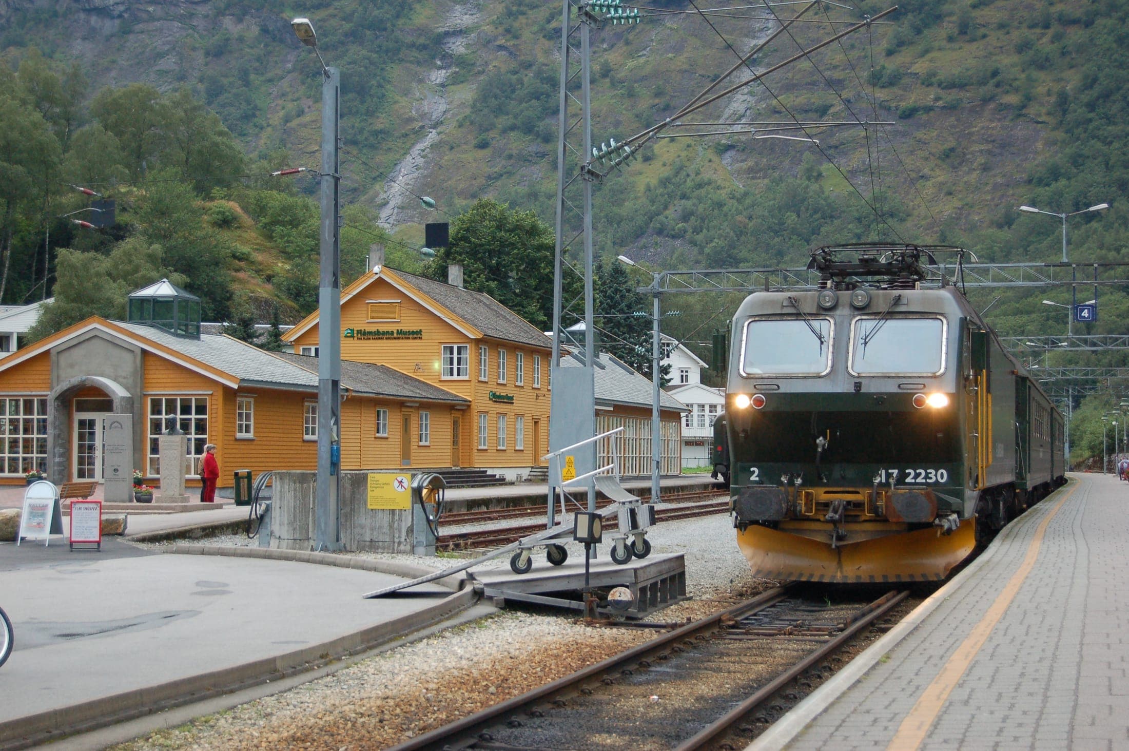 Flåmsbana scenic railway train stopped at Flåm Station, Norway