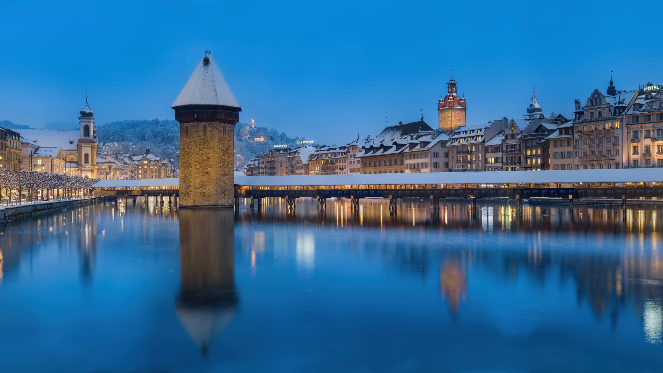 Kapellbrücke, the historic wooden covered bridge over the Reuss river in Lucerne, Switzerland