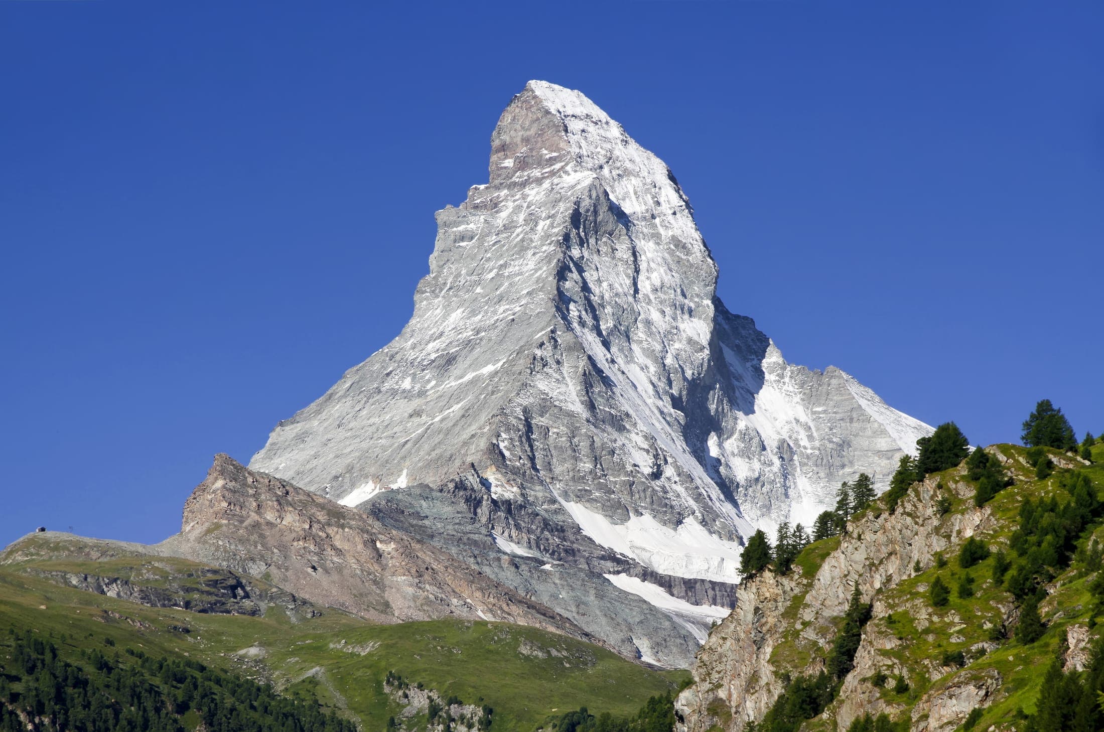 The pyramid-shaped Matterhorn peak as seen from Zermatt, Switzerland