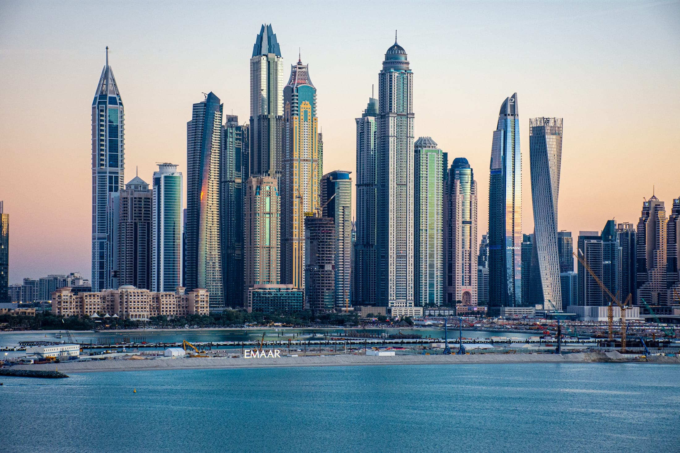 Dubai Marina waterfront skyline featuring Princess Tower, Marina 101, and Cayan Tower